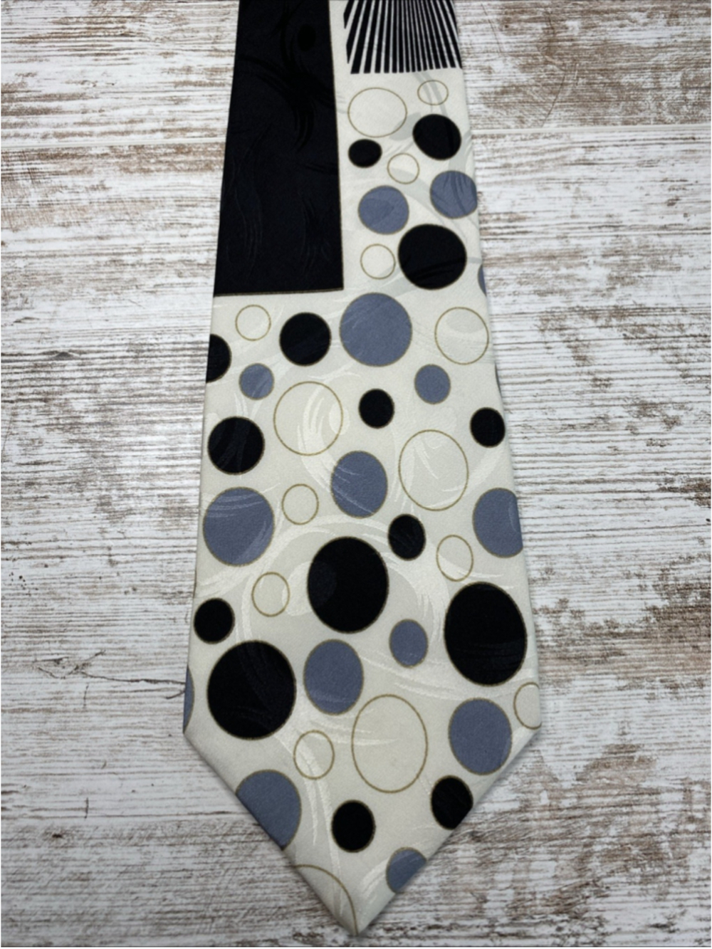 Italian Silk Necktie White Black Gray Abstract Polka Dot Novelty Made In Italy